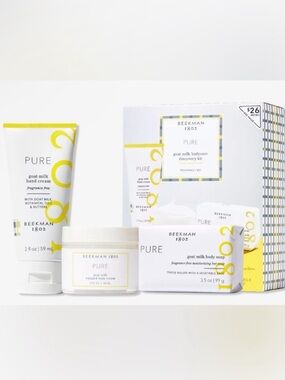 Beekman 1802 PURE Fragrance-Free Goat Milk Skin Care Travel Set- White & Yellow